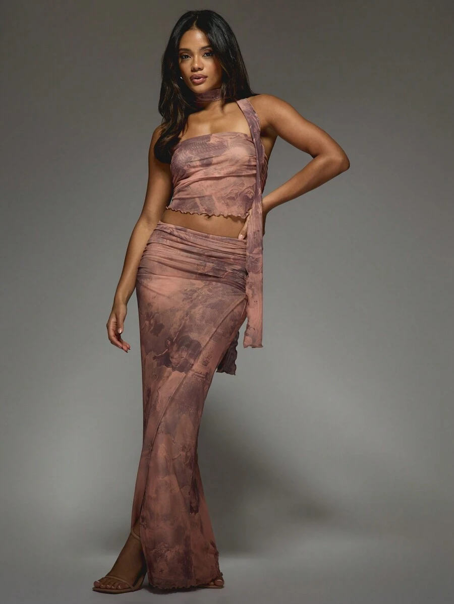MISSGUIDED Printed Mesh Ruched Bandeau Top And Drape Maxi Skirt Two Piece Co Ord Set With Scarf - Multicolor - View 1