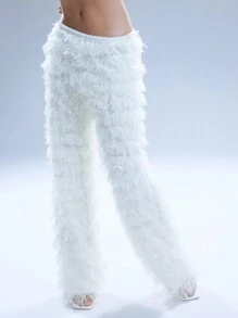 MUSERA Textured Low Rise Textured Trousers Birthday Boho Summer Cute Party - White - View 2