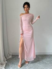 SHEIN x Carly Lawrence Elenzga 女士优雅纯色不对称领口长袖褶皱侧开衩下摆连衣裙，春夏长款女装 - 粉色 - 查看 6