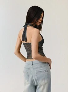 StreetHx Top de tirantes con estampado de teñido anudado, escote profundo en V y espalda descubierta de malla para mujeres - Verde Oscuro - Ver 2