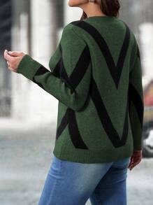 SHEIN LUNE Plus Size Round Neck Long Sleeve Striped Minimalist Casual Top, Everyday Wear