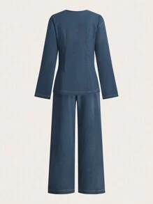 Modelyn 2 件套女士纯色上衣和裤子，简约时尚休闲装，适合日常穿着 2 件套 - 霧霾藍 - 查看 11