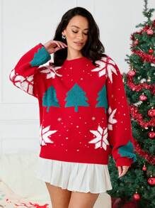 Manfinity VCAY Unisex Christmas Tree & Snowflake Pattern Loose Fit Crew Neck Pullover Sweater, Suitable For Christmas, Autumn/Winter - Red - View 5