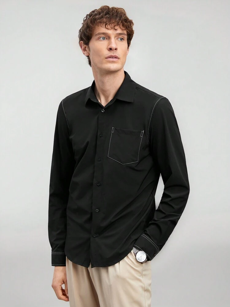New Men's Casual Fitted Woven Long-Sleeved Shirt