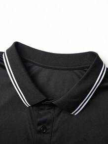 Manfinity Dauomo Camiseta tipo polo de manga corta con bloques de color, abotonadura y estampado de caballero para hombre de talla grande - Negro - Ver 4