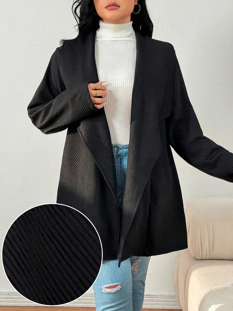 Mulvari Plus Size Solid Color Lapel Casual Long Sleeve Jacket - Black - View 1