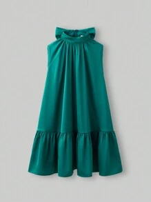 Maija Kids Maija Kids 青少年女孩宽松休闲蝴蝶结装饰荷叶边下摆连衣裙 - 綠色 - 查看 6