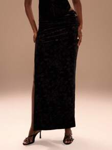 MUSERA Falda larga asimétrica con pliegues en la cintura y abertura en el muslo, elegante para verano, vacaciones, Año Nuevo, fiestas de Navidad y eventos - Negro - Ver 2