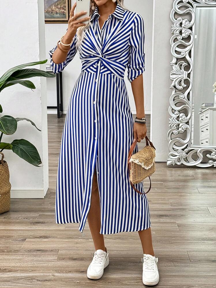 Pariaura Blue & White Striped French Twist Front Decor Contraction  Mid-Length Sleeve Women's Summer Long Dress With Button Maxi Women Outfit |  SHEIN USA