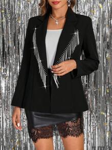 SHEIN Clasi 女士派对西装外套钻石流苏闪亮修身长袖纯黑色，秋冬冬季服装女士音乐会女士圣诞派对女士派对闪亮套装 - 黑色 - 查看 3