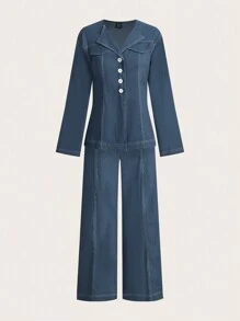 Modelyn 2 件套女士纯色上衣和裤子，简约时尚休闲装，适合日常穿着 2 件套 - 霧霾藍 - 查看 10