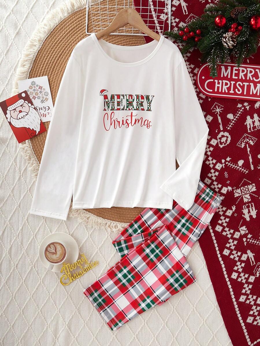 女孩圣诞快乐印花休闲睡衣套装