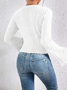 SHEIN Frenchy Lettuce Trim Trumpet Sleeve Ribbed Textured Fabric Special Sleeve Knit Tee - White - View 2