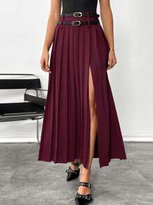 SHEIN Essnce 女士纯色褶皱侧开衩下摆休闲长裙 - 酒紅色 - 查看 1