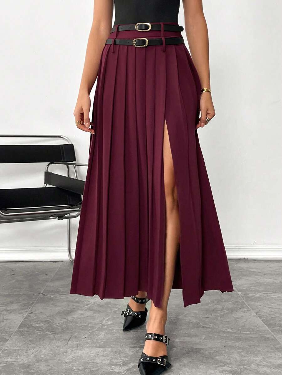 SHEIN Essnce 女士纯色褶皱侧开衩下摆休闲长裙 - 酒紅色 - 查看 1