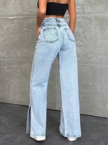 EURMUSE LOW WAIST SLIT DETAILED MEDIUM STRAIGHT LEG JEAN - Light Wash - View 2