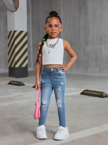 SHEIN Young Girl' Blue Denim Ripped Skinny Jeggings,Girl Fall Clothes - Light Wash - View 4