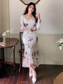 DAZY Women Velvet Casual Dress, Spring/Fall,Ruffle Long Sleeve Dress Floral - Multicolor - View 4