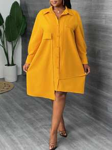 Slaydiva Vestido camisero mini asimétrico elegante de corte evasé de talla grande en color amarillo para Año Nuevo 2024. Adecuado para primavera y otoño, para uso diario, fiestas y citas.