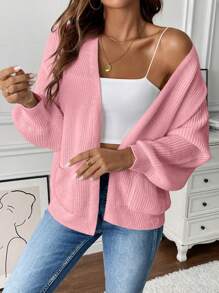 SHEIN LUNE 女士休闲纯色开衫，秋冬 - 粉色 - 查看 4