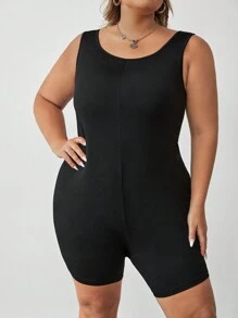 SHEIN CURVE+ Bộ đồ liền thân không tay cổ vuông màu trơn cỡ lớn - màu đen - Xem 6