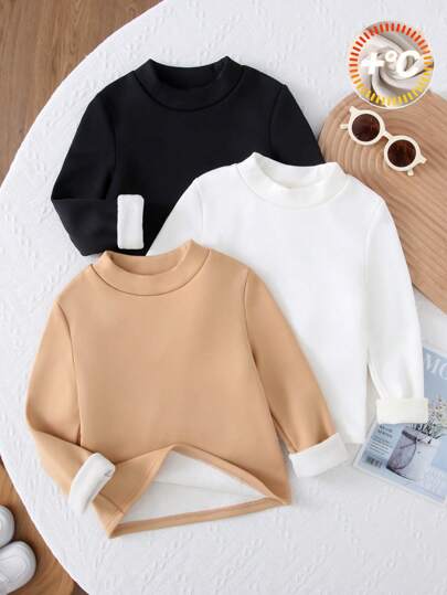 3 件装 Tween 男童休闲纯色基本款立领羊毛加厚保暖打底长袖 T 恤，买 2 送 1，适合秋季、春季、户外玩耍和休闲，超值