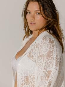 Aralina Curve Floral Lace Detailed Long Sleeve Sheer Cover Up Blouse - White - View 5