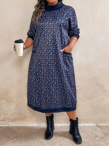 Vestido maxi para mujer de talla grande con cuello alto, estampado floral minúsculo y forro térmico - Multicolor - Ver 3