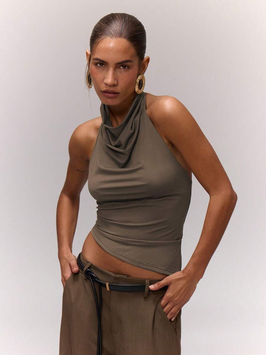 MUSERA Going Out Tops Draped Asymmetric Halterneck Top Sexy Beach Vacation Ibiza Festival Holiday Night Out Going Out Tops Club Fall Spring Summer - Coffee Brown - View 1