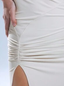 MUSERA Bandeau Ruched Extreme Split Slinky Maxi Dress Summer Vacation Elegant Winter - Cream - View 6