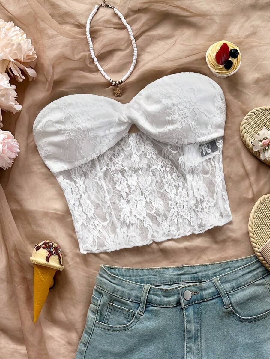 Soleia Top court tube élastique en dentelle torsadée pour femmes, blanc, Nouvel An, Top de Nouvel An, Top d'été pour femmes, Femmes occidentales, Femmes de fête, Festival, Femmes sexy, Top de vacances, Noël - Blanc - Voir 1