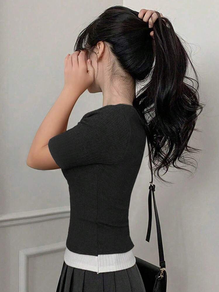 DAZY 女式V领蕾丝蝴蝶结拼色T恤可爱上衣 - 黑色 - 查看 4