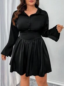 Celure Plus Size Elegant Solid Color Flared Sleeves Waist A-Line Dress
