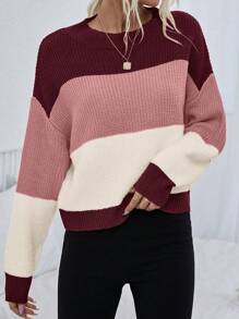SHEIN LUNE Suéter con bloque de color y hombros caídos, blusas de manga larga