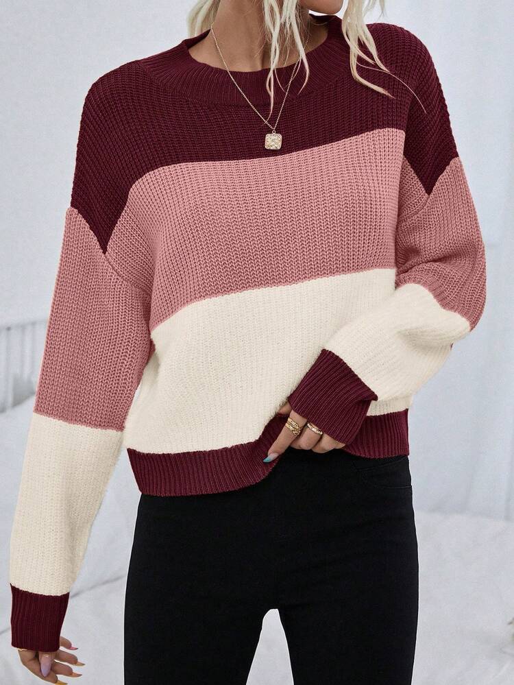 Color Block Drop Shoulder Sweater,Long Sleeve Tops Knit Pullover Fall Winter Sweater