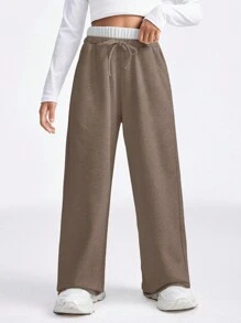 SHEIN Tween Girls' Casual Drawstring Simple Gray Jogger Pants For Daily Wear - Brown - View 4