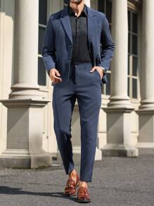 Manfinity Mode Męski garnitur biznesowy dojazdowy w jednolitym kolorze, kurtka i spodnie - Granatowy - Zobacz 4