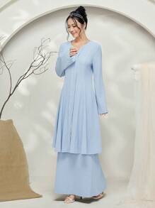 Graceveil Baju Kebaya 纯色 V 领长袖衬衫和长裙波西米亚风服装朴素