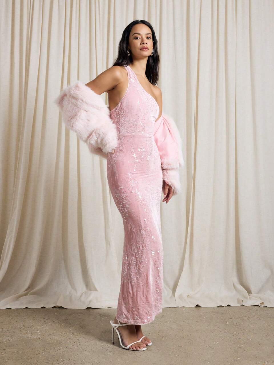 AiiRZ One Shoulder Velvet Sequin Maxi Dress