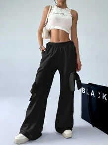 SHEIN EZwear Women's Solid Color Bow Decor Casual Cargo Pants