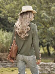 LanaWest Camiseta de Manga Longa com Decote Barco, Listrada e em Patchwork, de Uso Casual, para Uso Diário - Verde - Visão 2