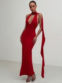 Aloruh 领口系带深 V 紧身红色舞会礼服，3D 花卉长裙，适合圣诞节、情人节 - 紅色 - 查看 3
