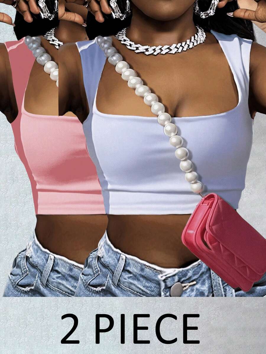 Slaydiva 2pcs Solid Color Scoop Neck Cropped Camisole Tank Top, Minimalist Style Suitable For Spring & Summer Back To School - Multicolor - View 1