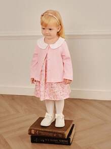 SHEIN 2pcs/Set Baby Girl Peter Pan Collar Ditsy Floral Ruffle Short Sleeve Dress & Solid Color Button Front Long Sleeve Jacket Set - Pink - View 5