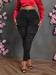 Slaydiva Plus Size Black Stretch Skinny Ripped Jeans - Black - View 5