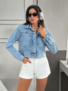 EURMUSE Women's Button Front Long Sleeve Pocket Simple Denim Jacket - Medium Wash - View 5