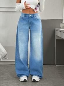 EURMUSE Casual Distressed Minimalist Wide Leg Jeans - Medium Wash - View 5