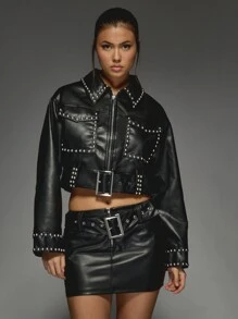 MISSGUIDED Veste moto courte cloutée, style de rue western, mode automne/hiver, punk rock, ceinture à double boucle