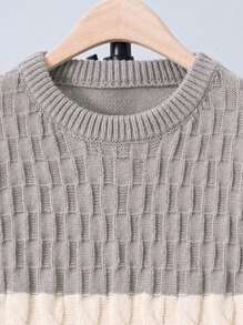 Teen Boys Color Block Textured Knit Sweater And Elongated Pants Set, Suitable For Autumn/Winter Wear