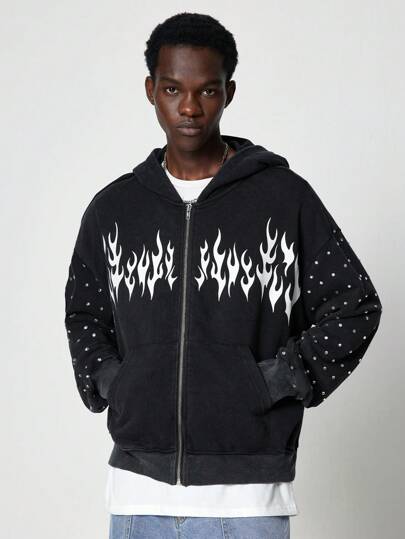 Grunge Punk Sudadera corta con adornos de strass para hombre, ropa urbana